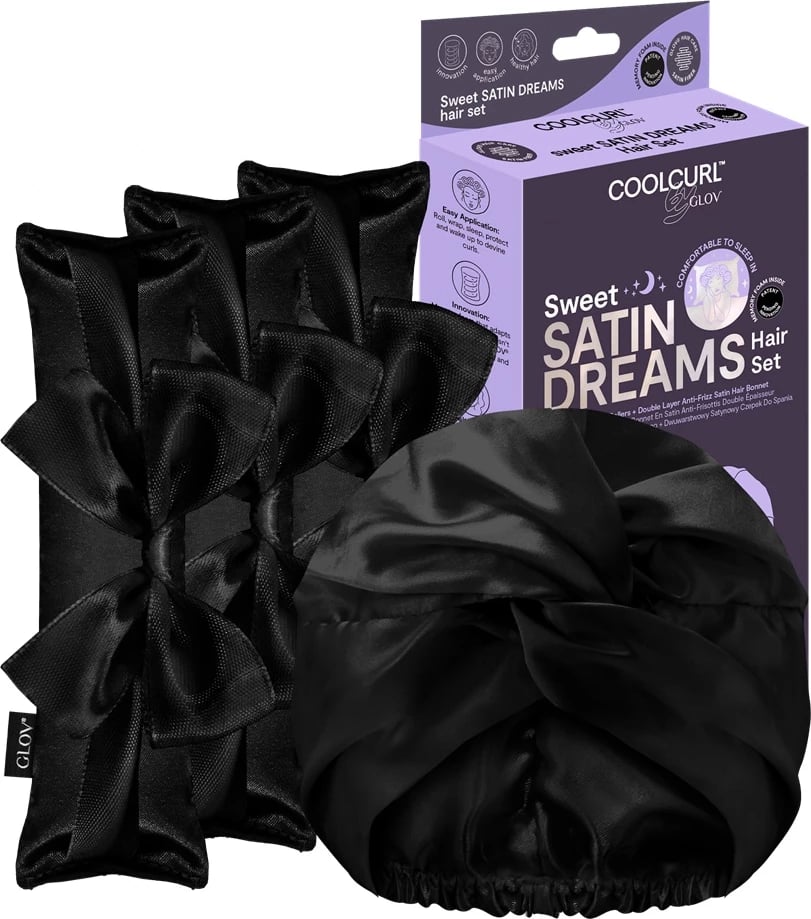 Set për kaçurrela pa nxehtësi Glov Sweet Satin Dreams për femra, 3 copë + kapelë gjumi e zezë