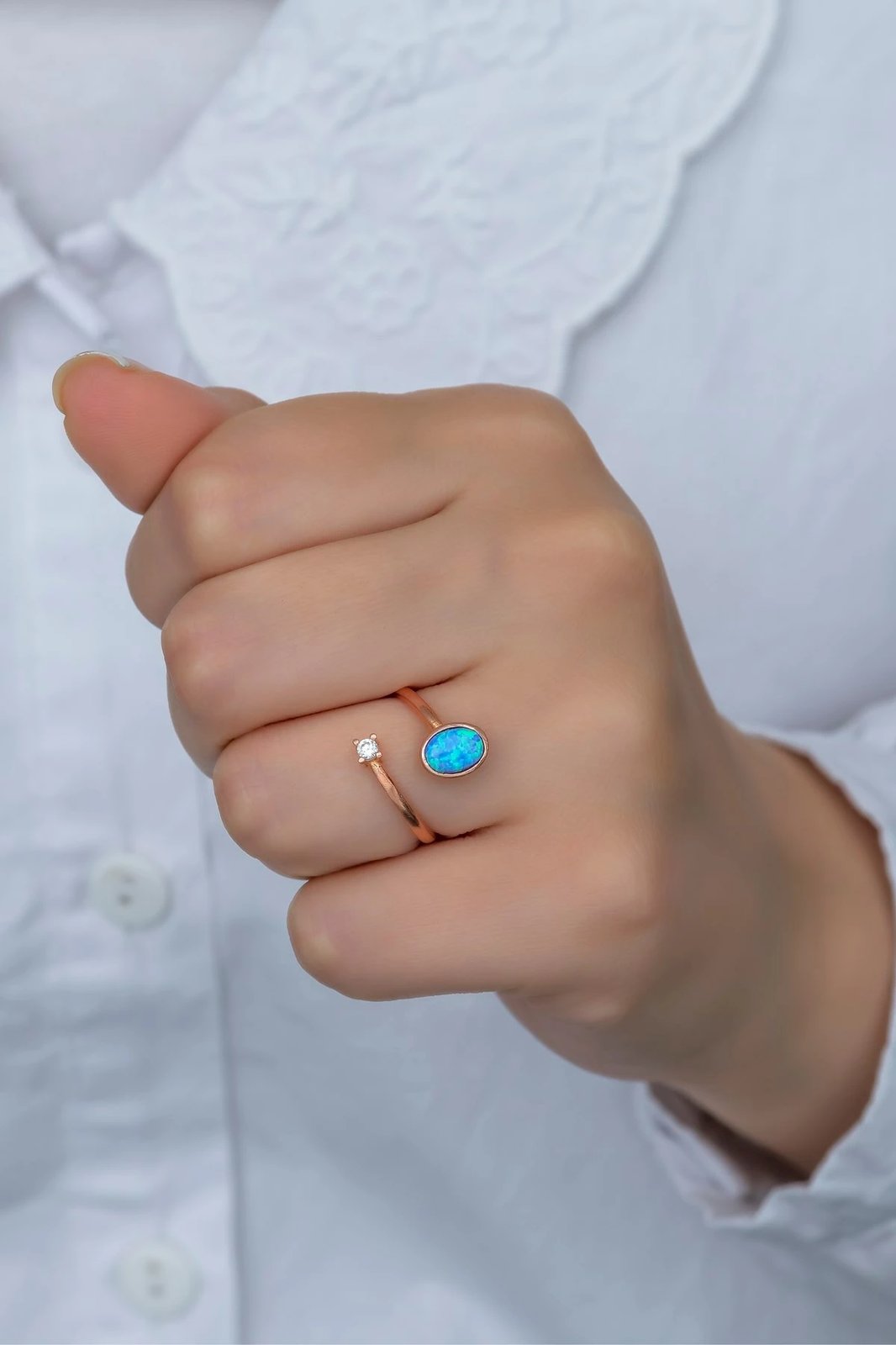 Unazë argjendi, Jumeon, NRZ99381, ngjyrë ari rozë, opal blu