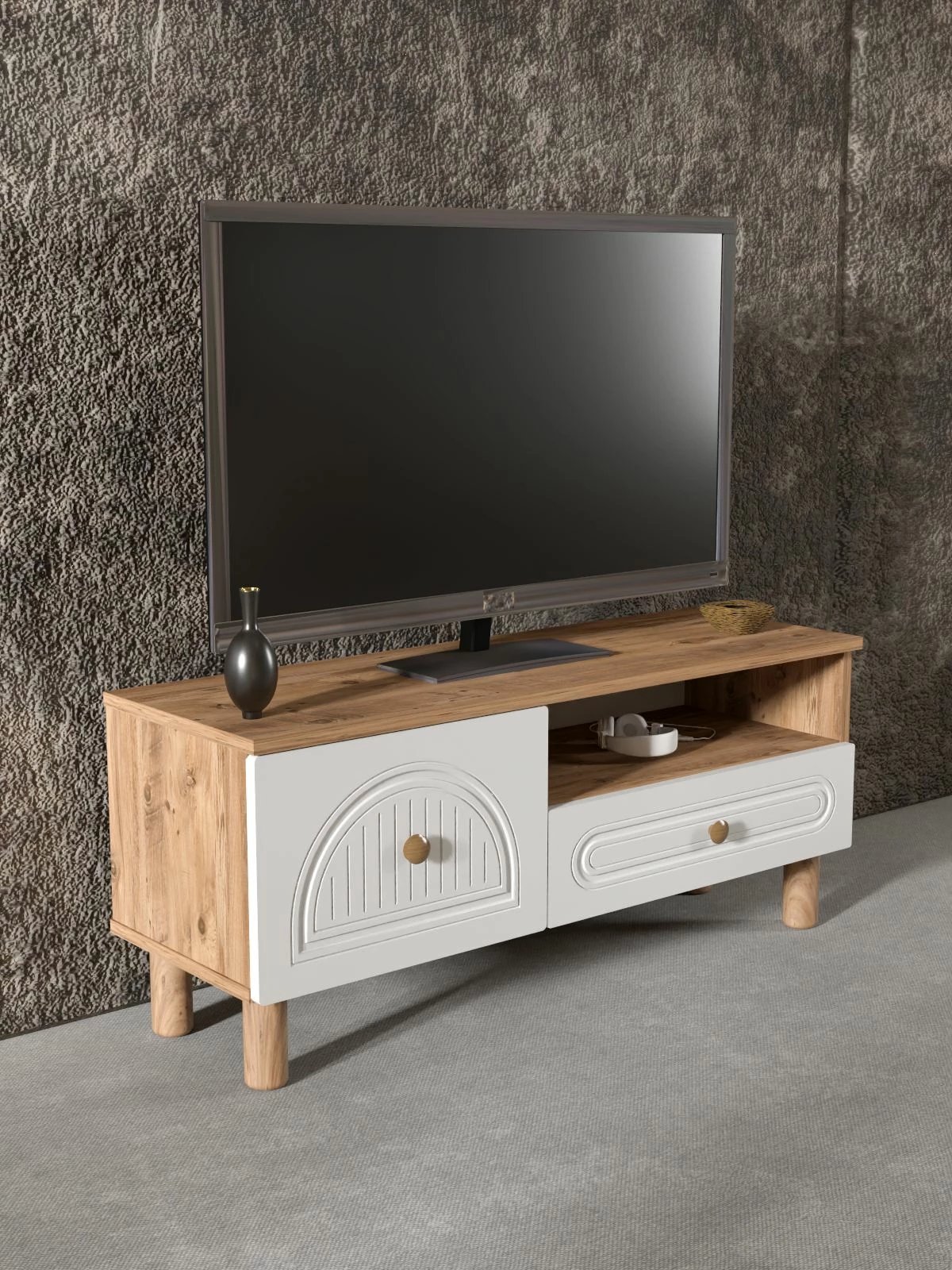 Komodë TV Skye Decor, Arcera 105, ngjyrë pishë Atlantike dhe e bardhë