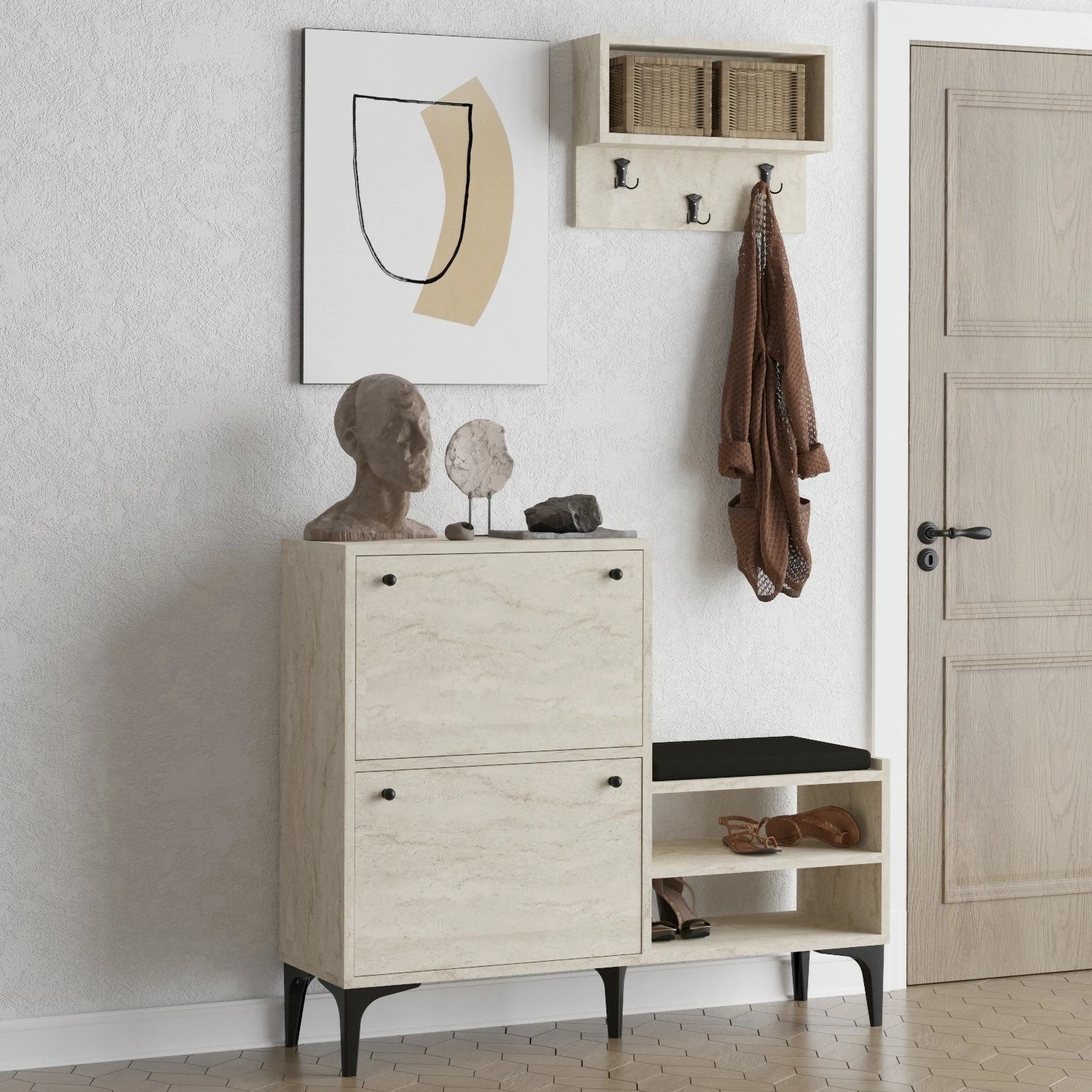 Dollap këpucësh Hanah Home, bredh-travertin