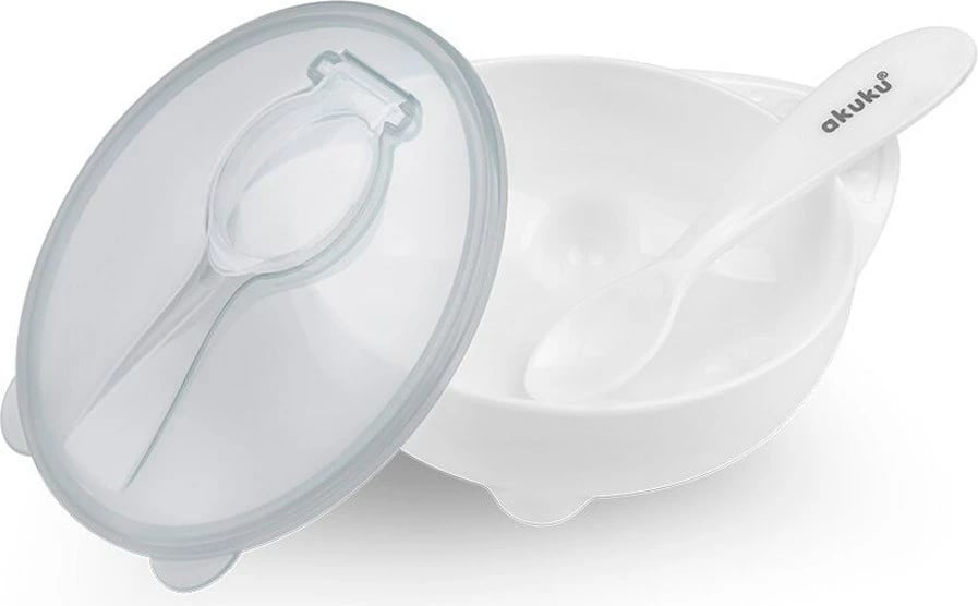 tas me kapak dhe lugë plastike, Akuku, BPA-free, për mikrovalë dhe enëlarëse, për bebe 4m+, e bardhë, set