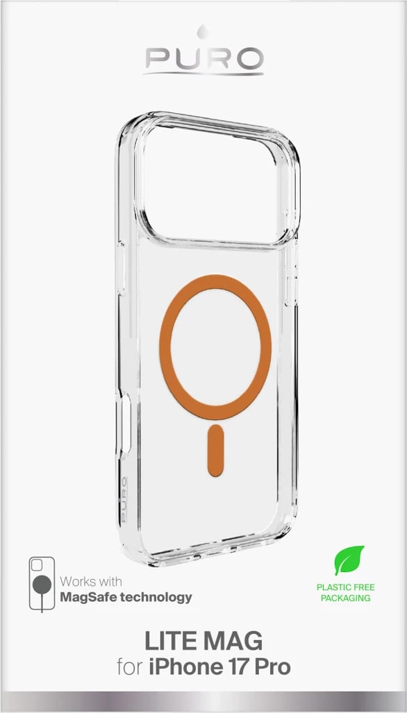 Mbështjellës Puro Lite Mag për iPhone 17 Pro, MagSafe, Transparent me rreth portokalli