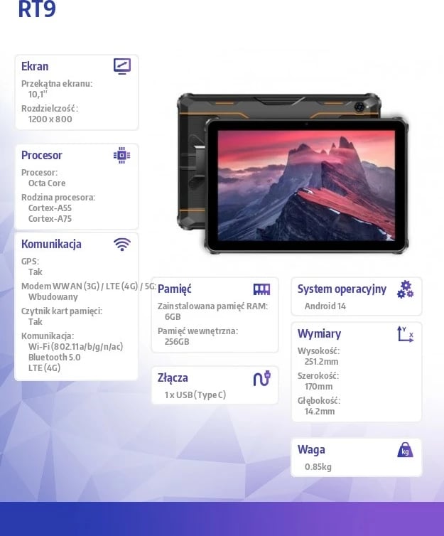 Tablet OUKITEL RT9, 10.1", 24 GB RAM, 256 GB, 11000 mAh, Android 14, Portokalli