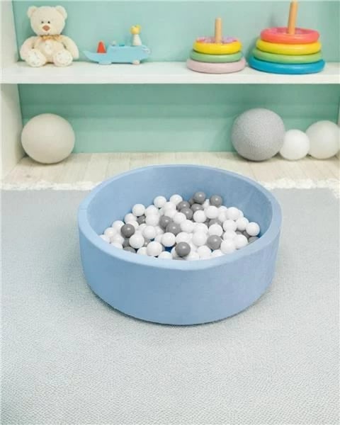 Pishinë e thatë me topa, New Baby, 83×83×30 cm, shkumë poliuretani, 2.2 kg, blu, set 150 topa