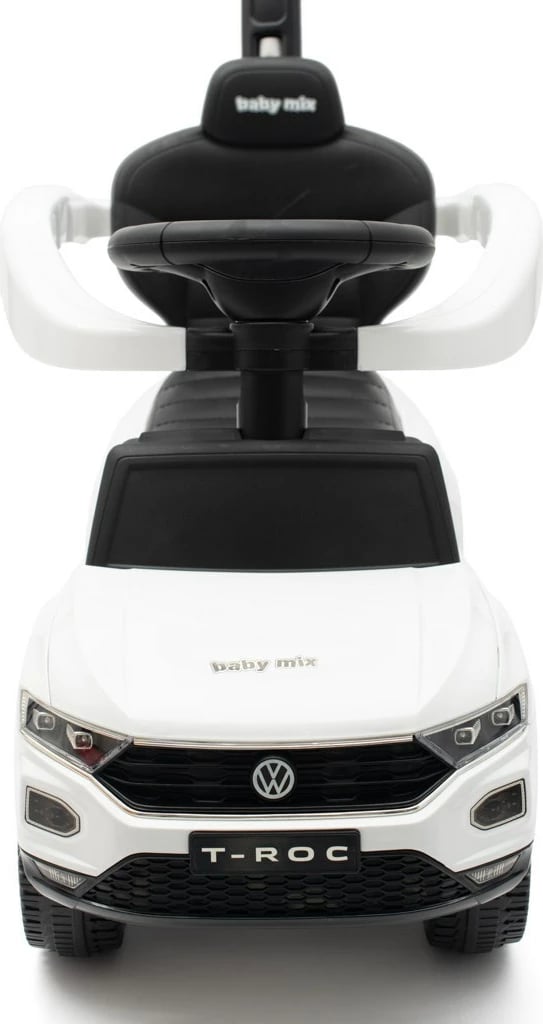 makinë shtytëse fëmijësh Baby Mix Volkswagen T-ROC me dorezë drejtuese me mbajtëse shisheje, borinë dhe melodi, sedilje me hapësirë, për 12-36 muaj, e bardhë