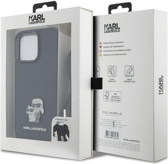 Mbështjellës Karl Lagerfeld Crossbody Saffiano Metal Pin Karl & Choupette për iPhone 15 Pro Max, i zi