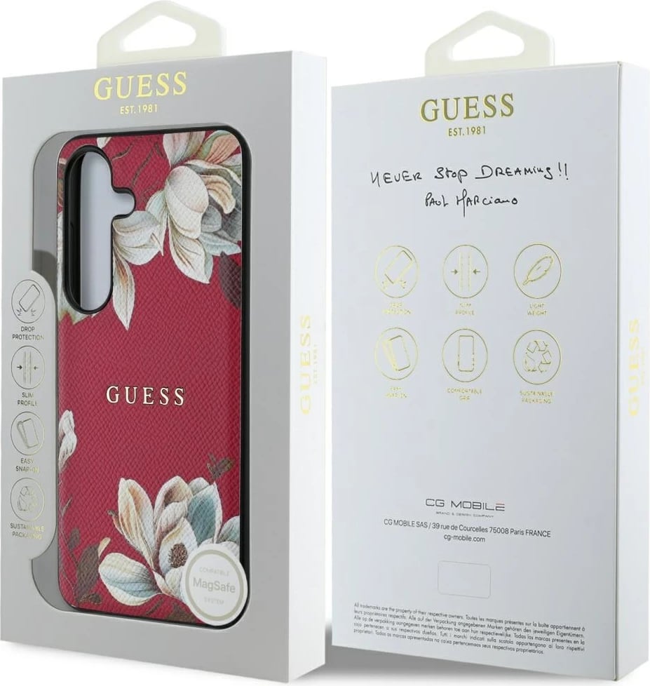 Mbështjellës Guess Grained Printed Flower Pattern MagSafe për Samsung Galaxy S25, Fuchsia