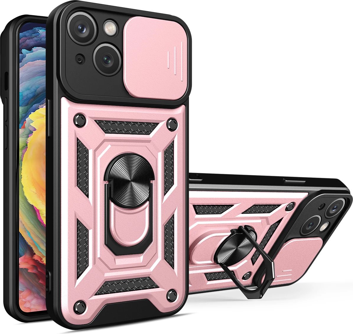 Mbështjellës Hurtel Hybrid Armor Camshield për iPhone 14 Plus, me kapak kamere, rozë
