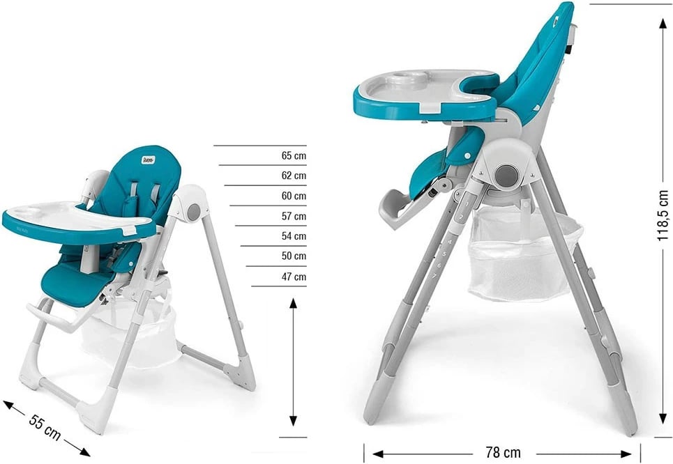 Karrige e lartë bebe, Milly Mally, Bueno, 6–36 muaj, rregullim lartësie 7 nivele, shpinore 5 pozicione, rripa 5‑pikësh, palosje kompakte, deri 15 kg, blu