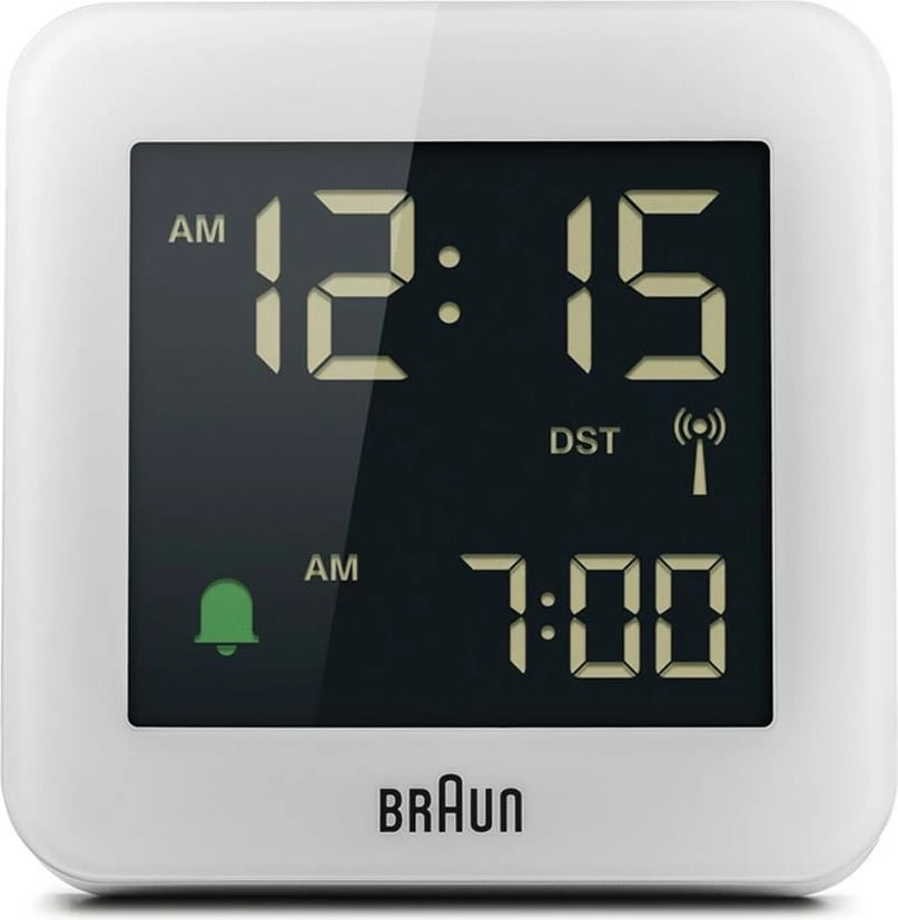 Orë alarmi digjitale Braun BC09-DCF, LCD, 12/24h, e bardhë