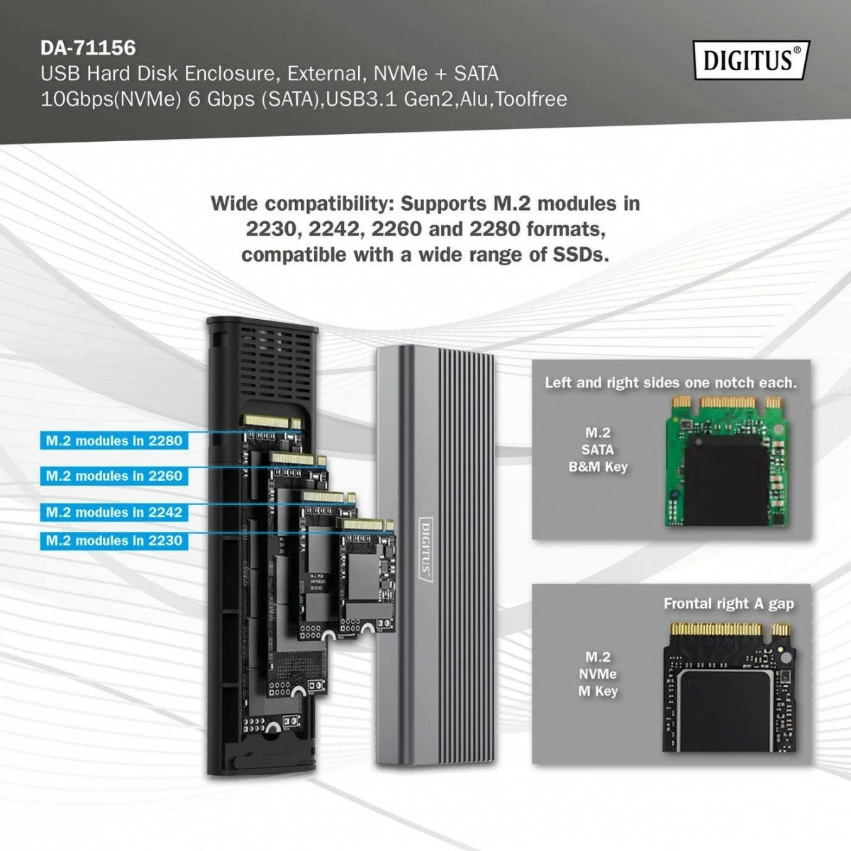 Kasë Digitus DA-71156 për SSD M.2 NVMe/SATA, USB 3.1 Type C, Alumini, Gri
