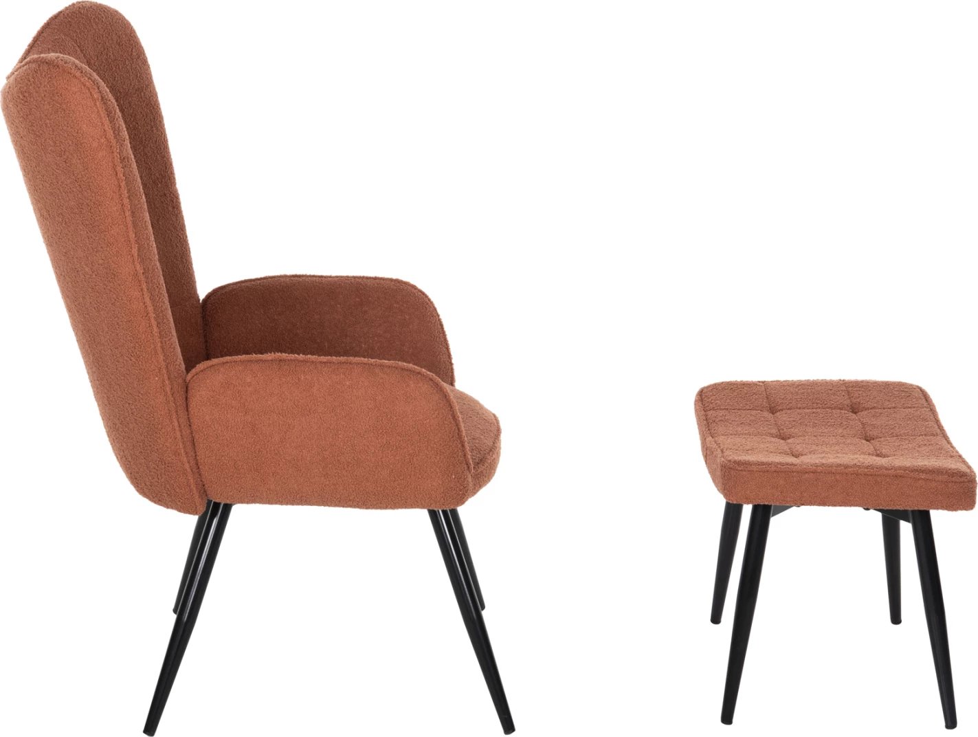 Karrige me mbështetëse këmbësh CRAWLEY FH8918.22, pëlhurë boucle portokalli, këmbë metali të zeza, 70x74x105H cm