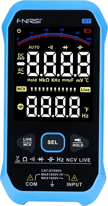 Multimetër digjital FNIRSI S1, True RMS, ekran VA me ngjyra, auto-range, NCV, USB-C, bateri 1000 mAh, CAT III 1000V, zi/kaltër