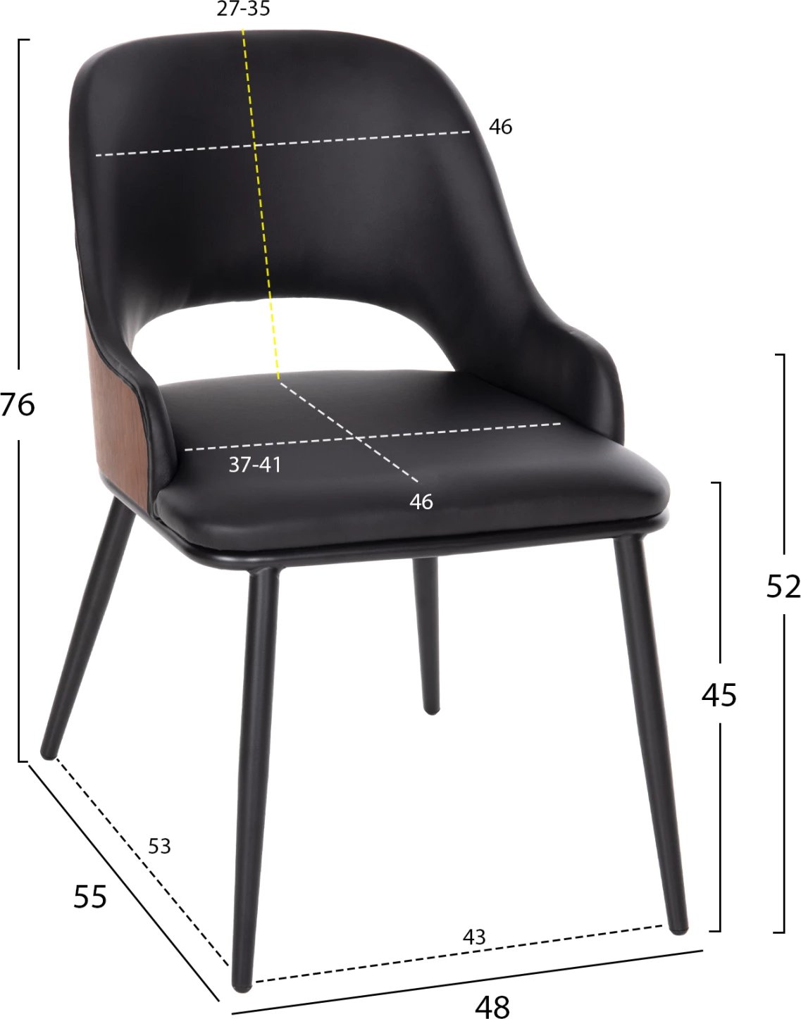 Karrige ngrënieje DELF FH9617.03 PU e zezë-këmbë metali të zeza-shpinë druri në ngjyrë arre 48x55x76Hcm., set prej 2 copë
