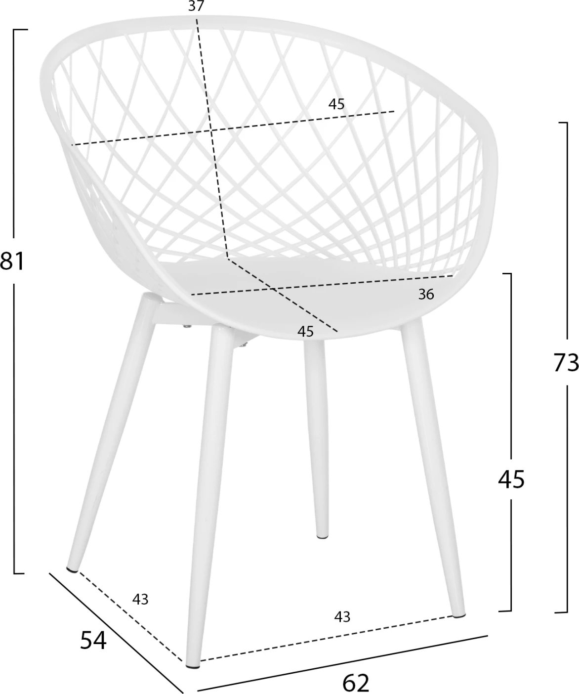 Karrige ARIADNE FH8001.31 polipropileni e bardhë-këmbë metali të bardha 62x54x81Hcm., set prej 4 copash