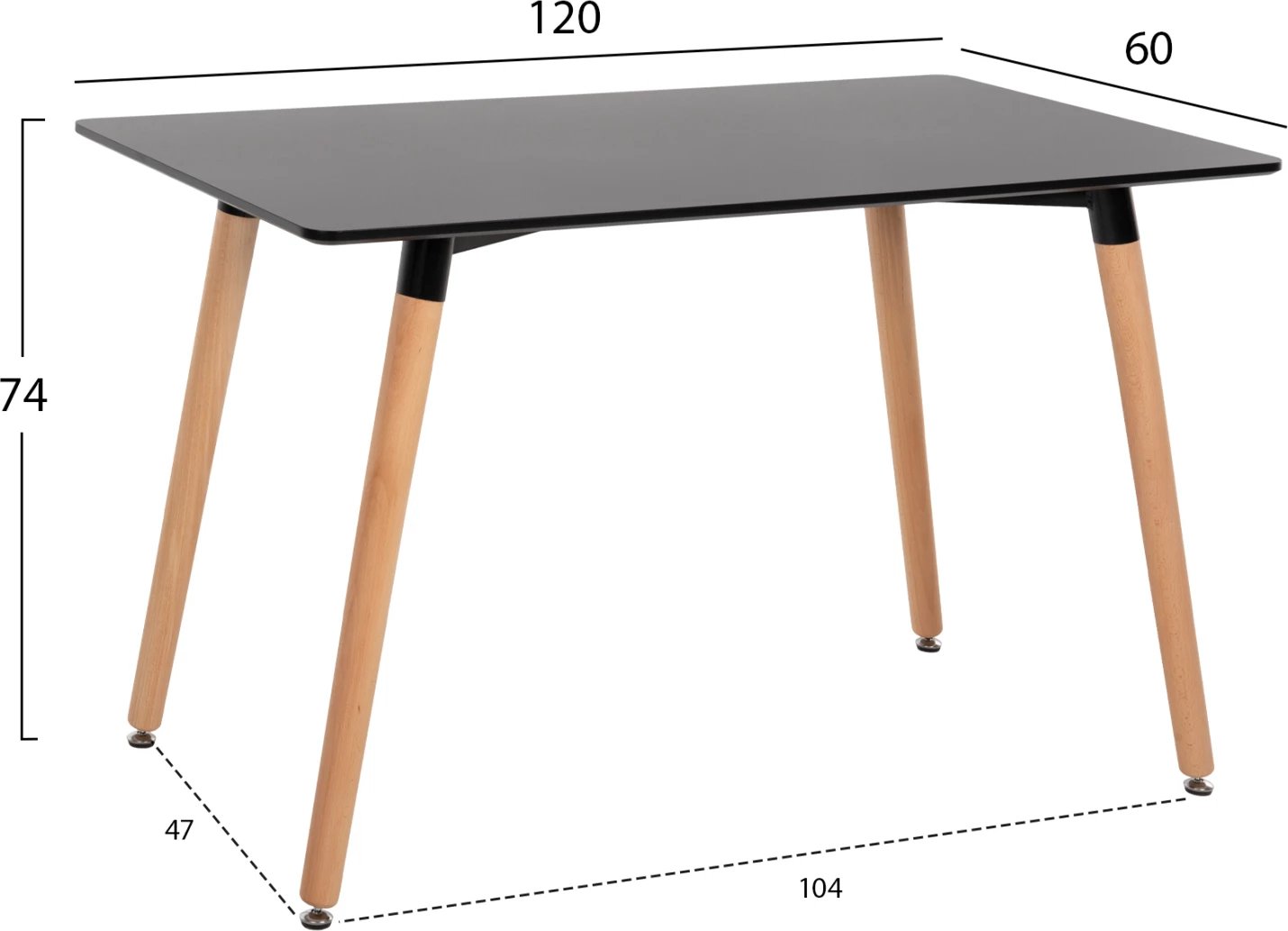 Tavolinë minimaliste për kuzhinë, MDF e zezë, këmbë druri ahu natyral, 120x60x74cm, FH8581.02