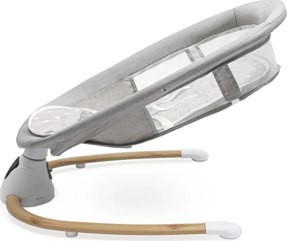 karrige lëkundëse elektrike bebe, New Baby SMART, detektor lëvizjeje/qaje, 5 shpejtësi, 12 melodi + 5 tinguj natyre, rrip 5-pikësh, tendë me rrjetë mushkonjash, gri