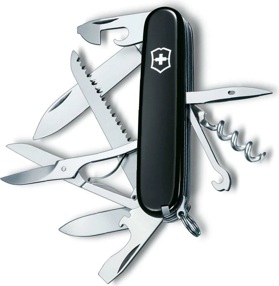 Thika e Ushtrisë Zvicerane HUNTSMAN, Victorinox e zezë, kuti e palosshme