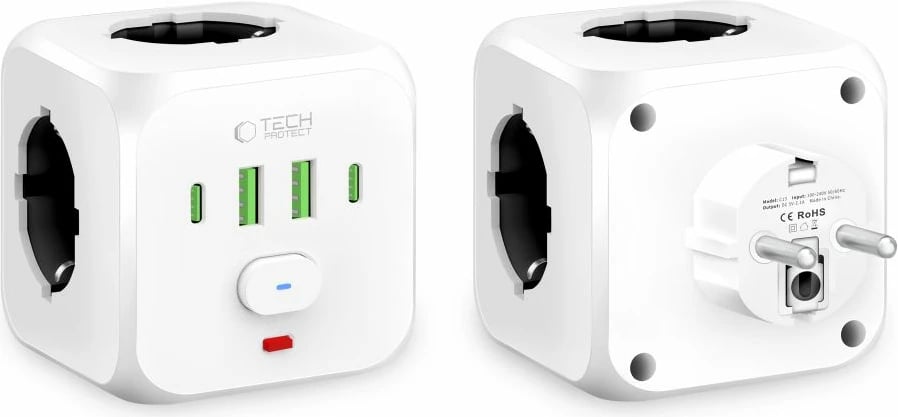 Prizë Tech-Protect PCL3X4 me 3 dalje Schuko, 2x USB-A, 2x USB-C, e bardhë