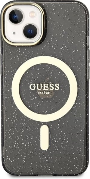 Mbështjellës Guess Glitter Gold MagSafe për iPhone 14, i zi