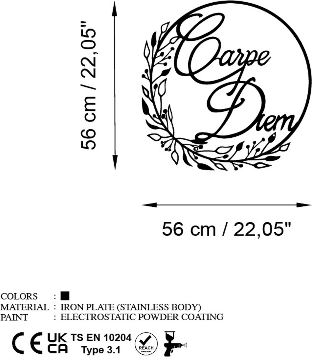 Aksesor dekorativ metalik për mur, Carpe Diem, Wallity, i zi, 56x56cm