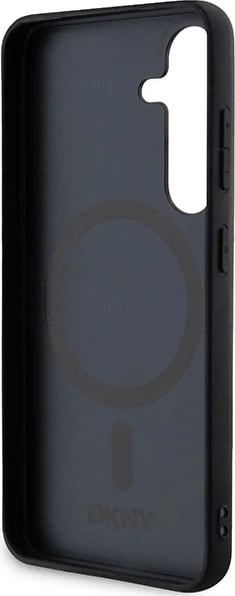 Mbështjellës DKNY Leather Pattern Metal Logo MagSafe për Samsung Galaxy S24+, i zi