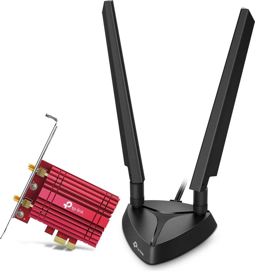Kartë rrjeti PCIe Wi‑Fi 6E + Bluetooth, TP-Link Archer TXE75E, AXE5400, antenë bazë magnetike, e zezë