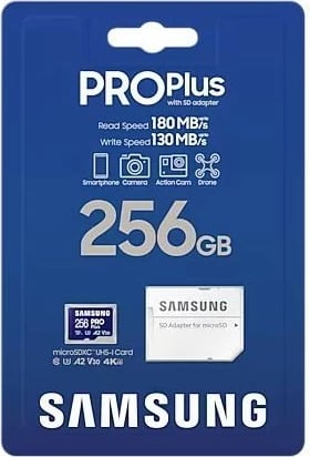 Kartelë memorie microSD Samsung PRO Plus 256 GB me adapter, e kaltër