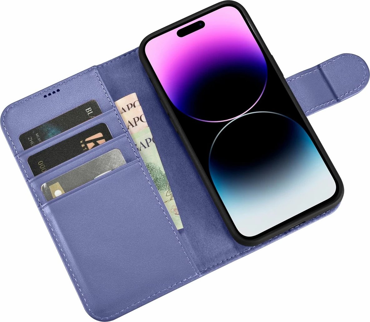 Mbështjellës iCarer Wallet Case 2in1 për iPhone 14 Pro, lëkurë natyrale, Anti-RFID, Vjollcë e çelur