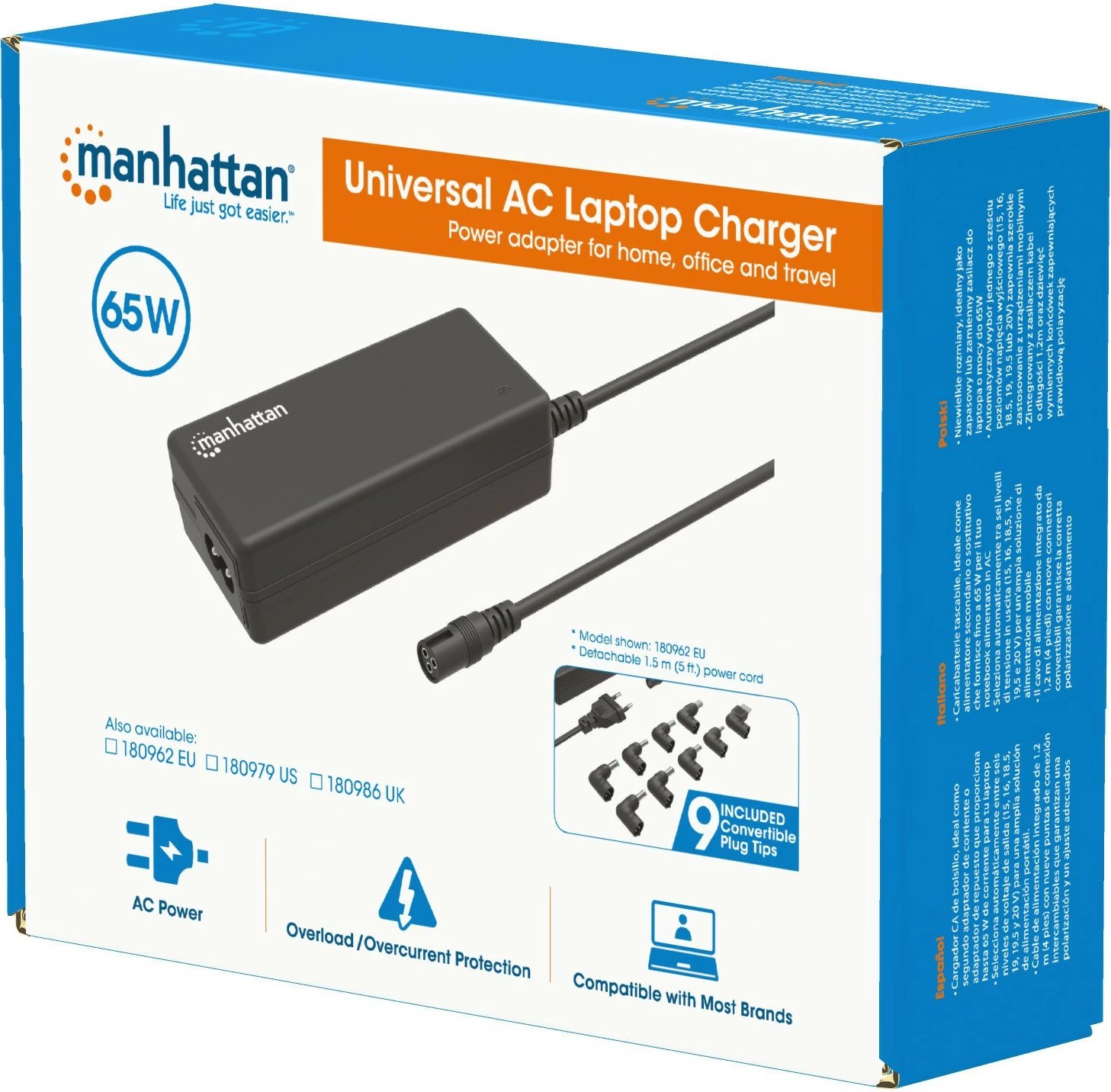 Adapter laptopi MANHATTAN 65W, 9 steka, i zi