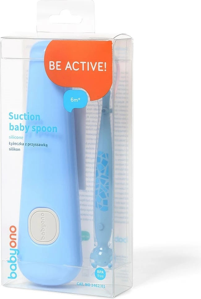 Lugë silikoni me kupë thithëse, Baby Ono, me kuti transporti, 6m+, blu, set 1 lugë + kuti