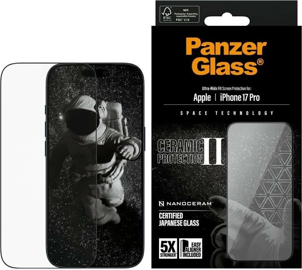 Mbështjellës xhami PanzerGlass Ceramic II Ultra-Wide Fit EasyAligner për iPhone 17 Pro, transparent