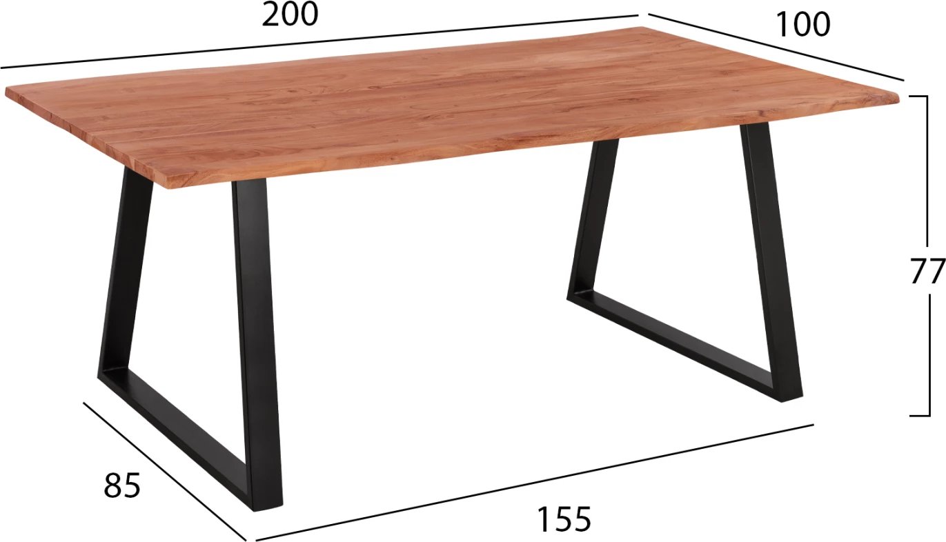 Tavolinë ngrënieje akacie, FH8501.11, dru akacie, këmbë të zeza, 200x100x77 cm