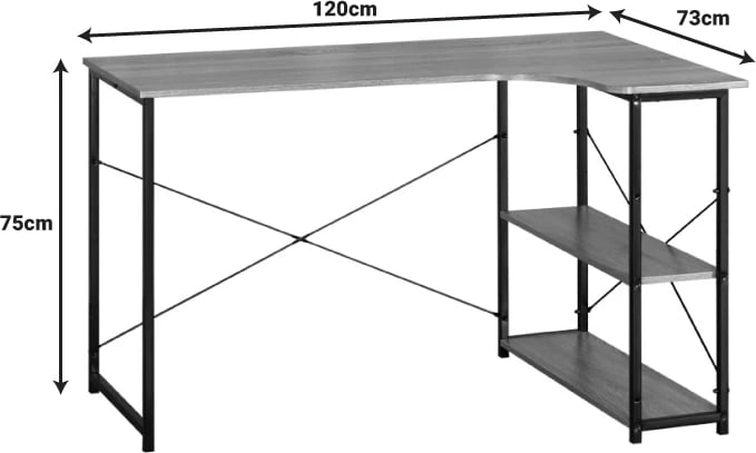 Tavolinë këndi Merlin, kënd i djathtë, ngjyrë lisi me metal të zi, 120x73x75cm