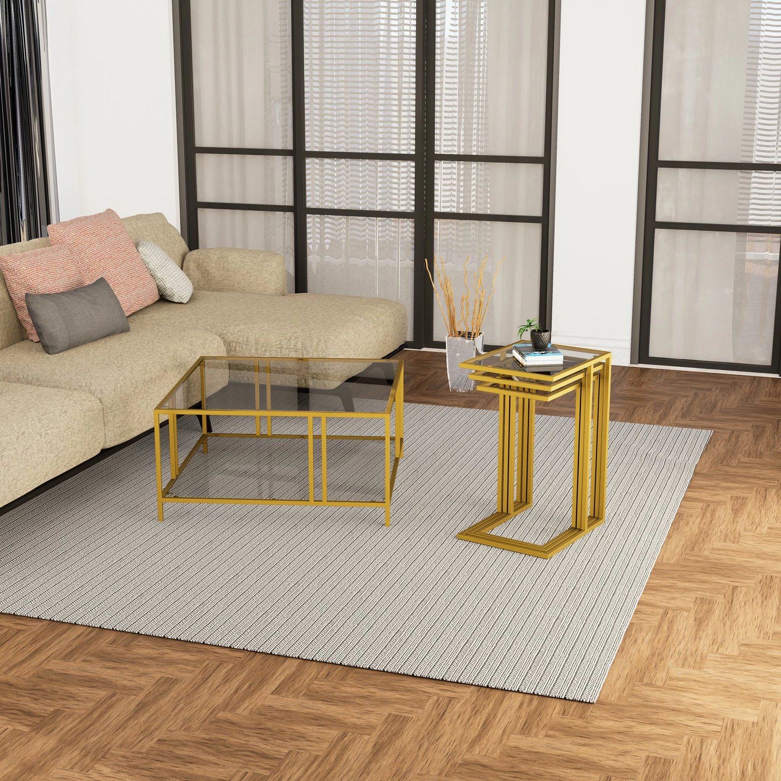 Set tavolinash të vendosshme (3 copë), Hanah Home, Ibiza C, ngjyrë ari, fume