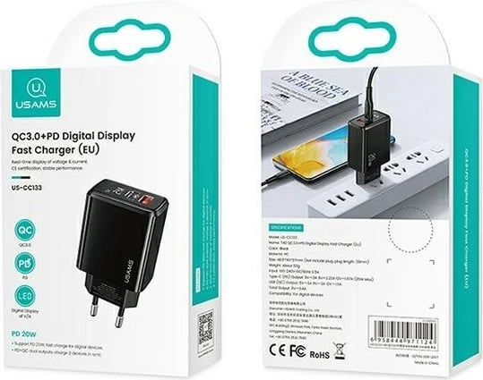 Karikues muri USAMS T40 US-CC133, 20W, 2 porta USB/USB-C, me ekran LED, Zi