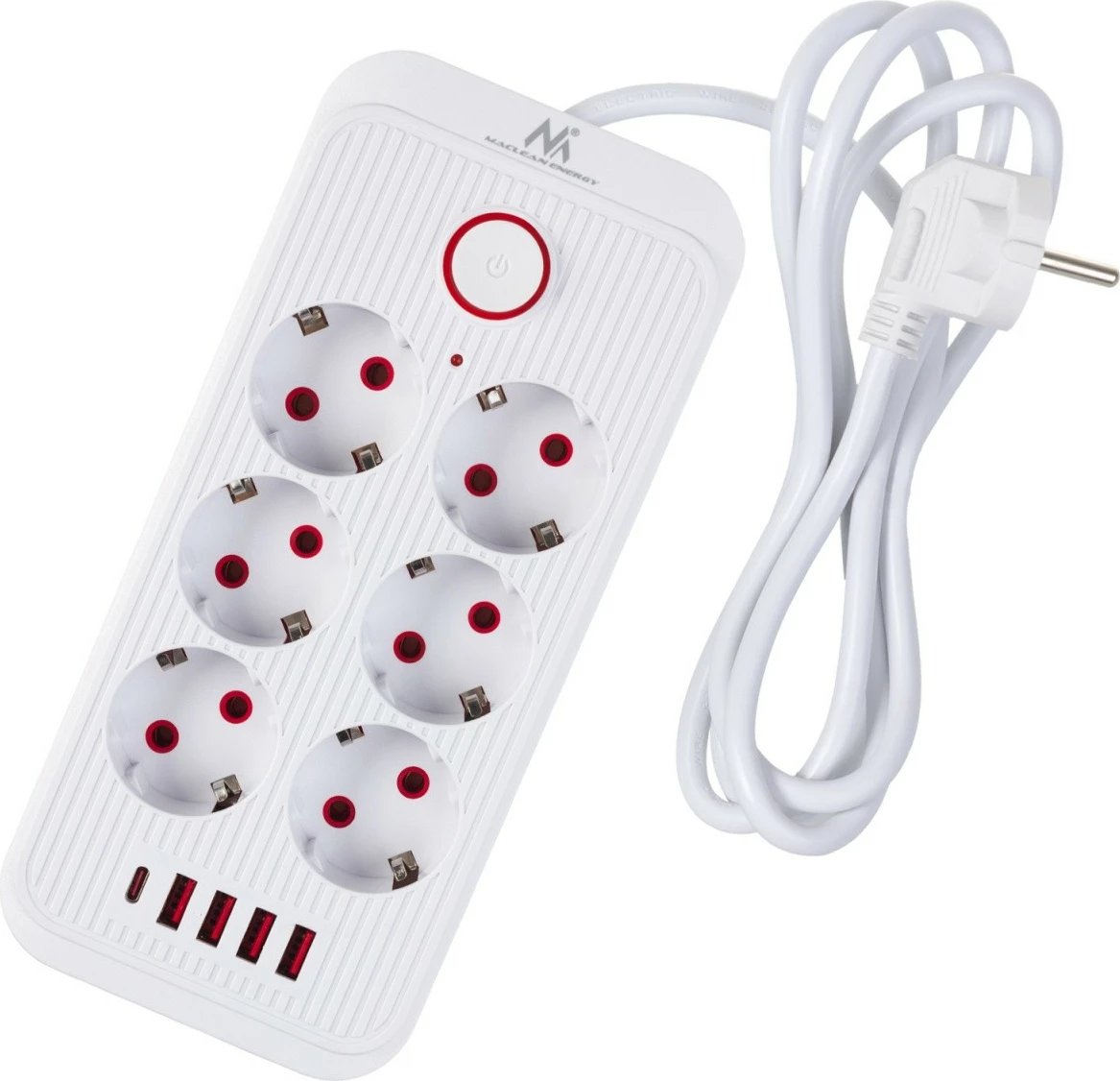 Zgjatues rryme Maclean MCE389 W 6x Schuko, 4x USB-A + 1x USB-C, 1.5 m, 2500W, me çelës, i bardhë