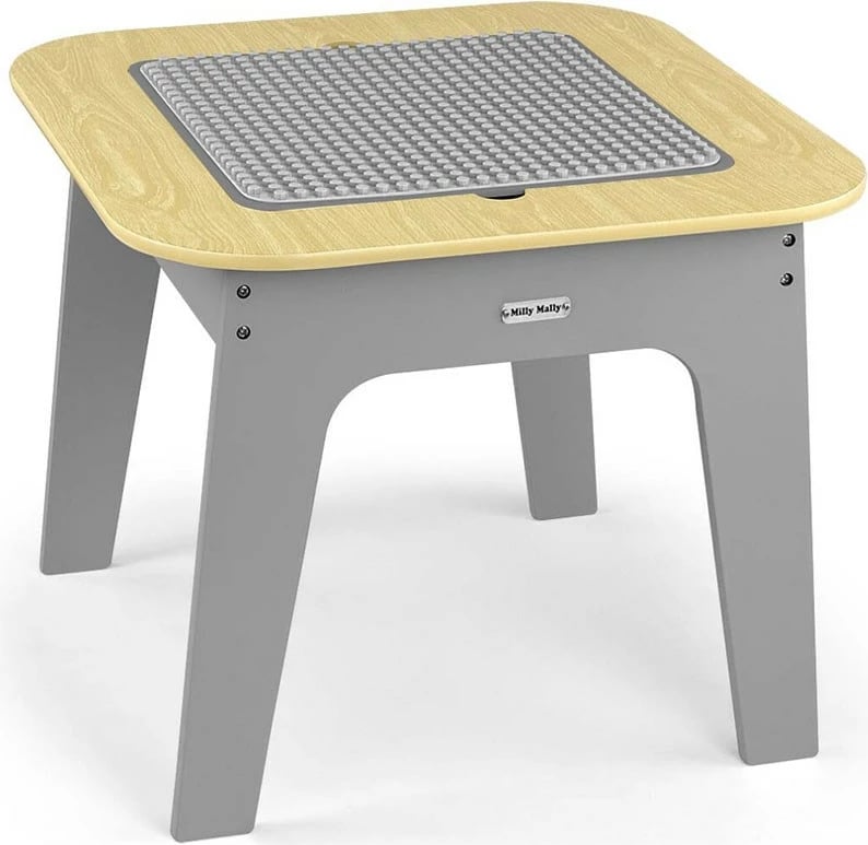 Set tavolinë dhe karrige fëmijësh, MILLY MALLY, Olaf Blocks, sipërfaqe e kthyeshme me tabelë shkumësi dhe hapësirë magazinimi, set 3-copësh, gri e errët