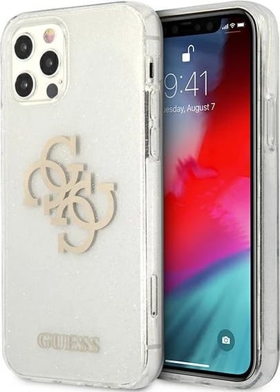 Mbështjellës Guess GUHCP12LPCUGL4GTR për iPhone 12 Pro Max 6.7", transparent, Glitter 4G Big Logo