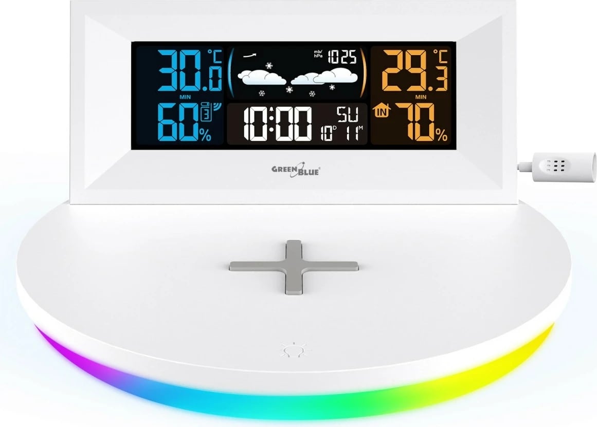 Stacion moti pa tela me karikues Qi, GreenBlue GB213, ekran LCD me ngjyra, sensor i jashtëm 60 m, portë USB, i bardhë