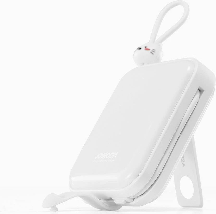 Powerbank Joyroom Cutie Series JR-L008, 10000mAh, 22.5W, me kabllo USB-C dhe Lightning, me stand, Bardhë
