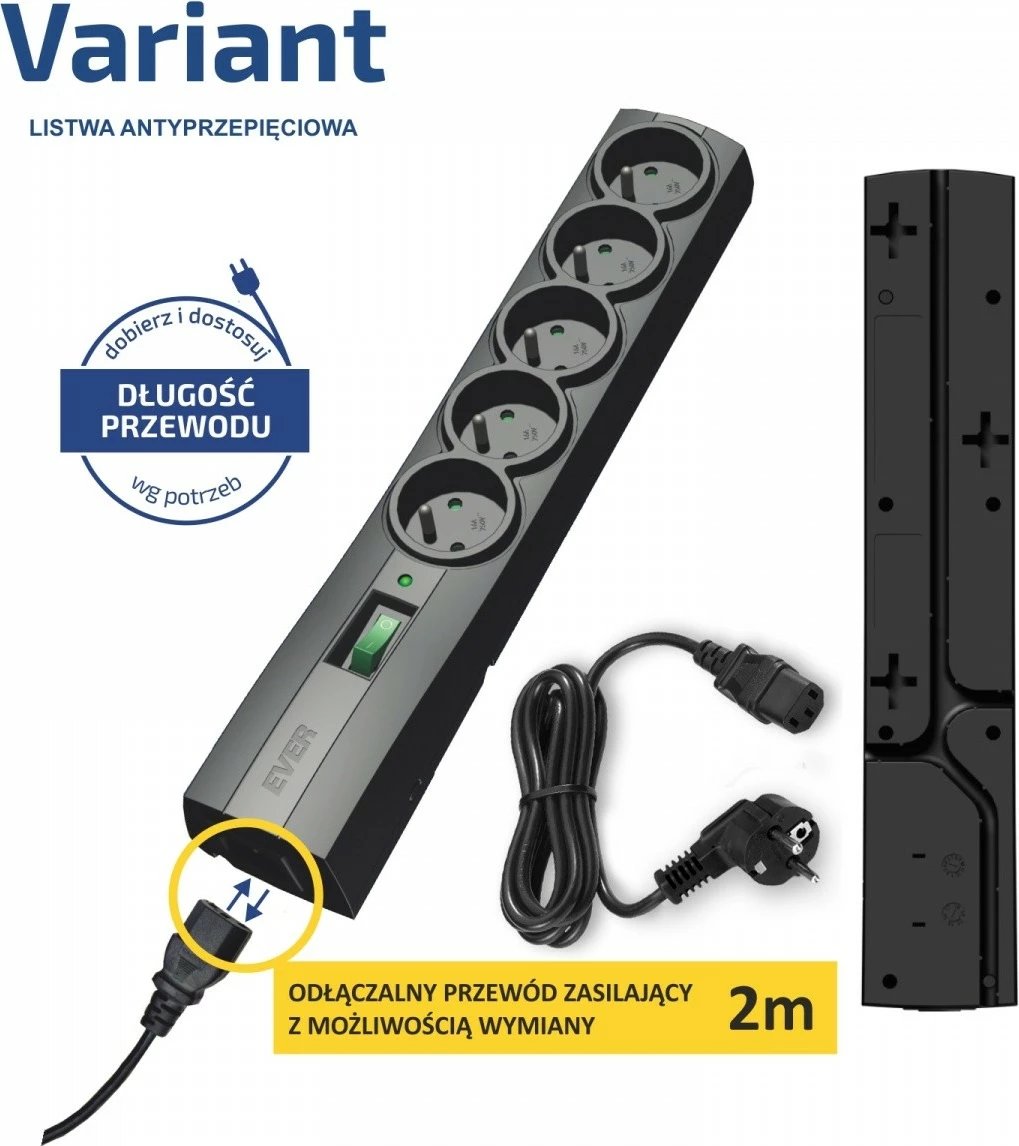 Listë mbrojtëse EVER VARIANT, 5 prizë, kabllo 2m, e zezë