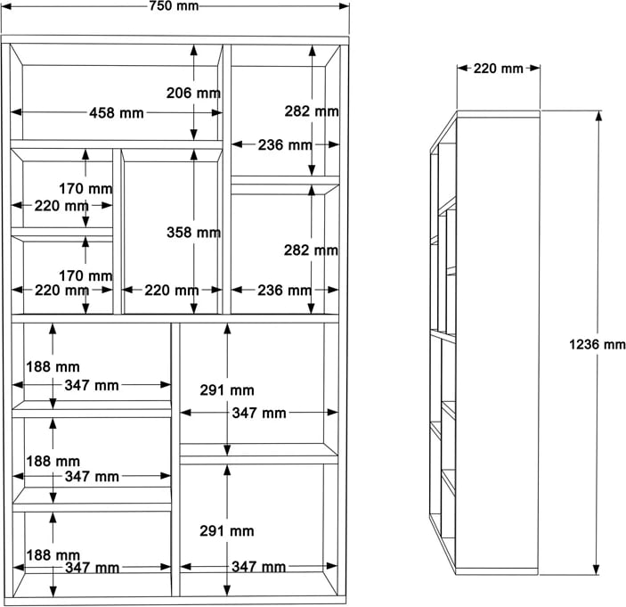Raft librash Boteca 10-vendëshe, hije natyrale-bardhë, 75x22x123.6cm