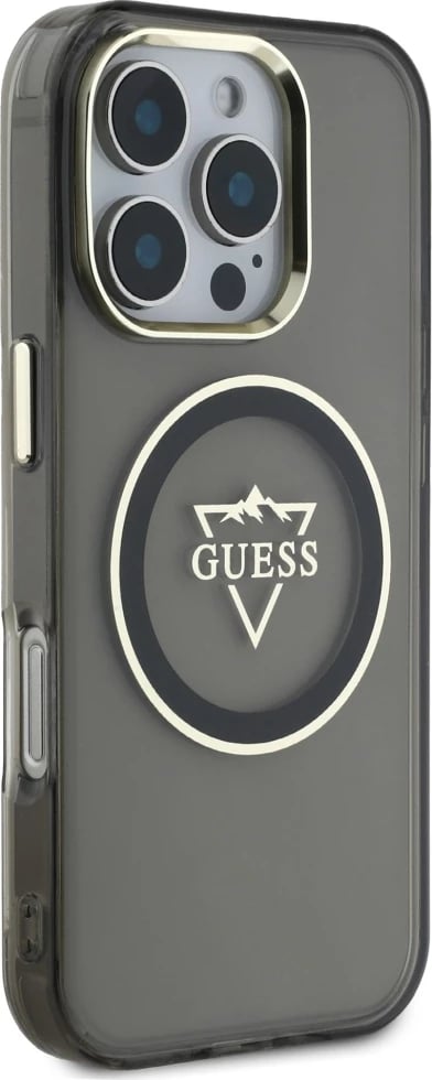 Mbështjellës Guess IML Metal Mountain Logo MagSafe për iPhone 16 Pro, i zi