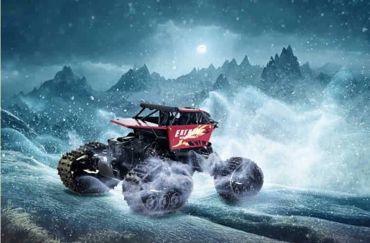 Automjet RC 4x4 Alba Moli 090188A shkallë 1:14 2.4 GHz shpejtësi 9 km/h bateri Li‑ion 3.7V 500 mAh me rrota/zinxhirë të këmbyeshëm e zezë/e kuqe set