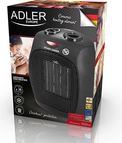 Ngrohës me ventilator qeramik, Adler AD 7702, 1500W, termostat, 2 nivele, i zi