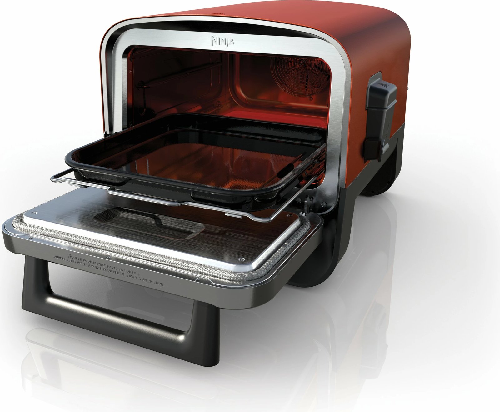 Grill Ninja OO101EU, elektrik + qymyr, 2400W, 1 derë, zi/kuqe/argjendtë
