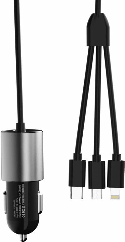 Karikues për veturë, Dudao, R5ProN, 3.4 A, USB-A 1 port, kabëll i integruar 3‑në‑1 Lightning/USB Type-C/Micro USB 1 m, e zezë