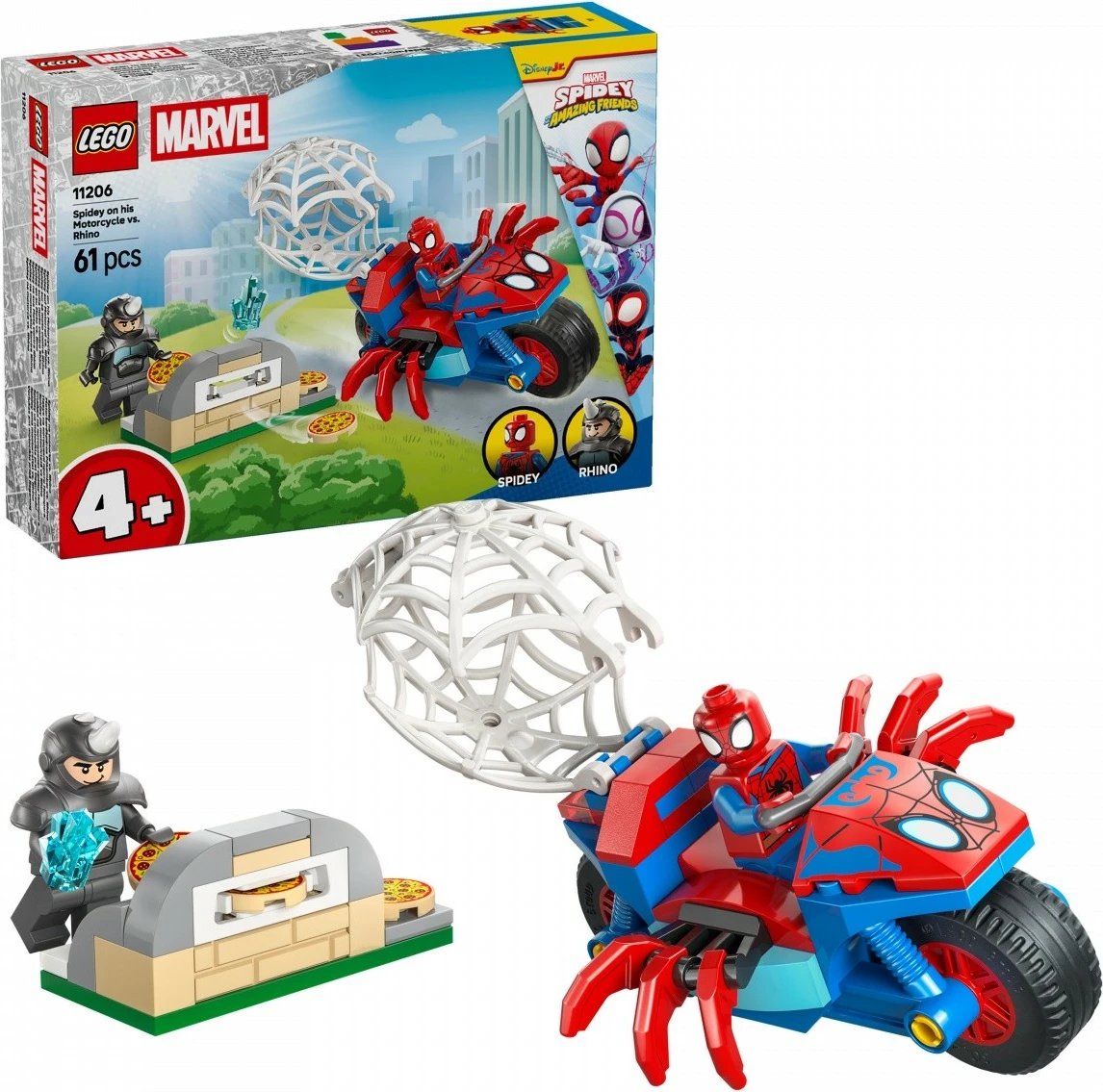 Set ndërtimi LEGO Marvel Spidey 11206, Spidey në motor kundër Rhino, 61 pjesë, 4+, set i vogël