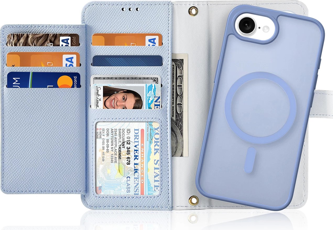 Mbështjellës Dux Ducis Lawa për iPhone 16e, lëkurë, me portofol magnetik, Blu